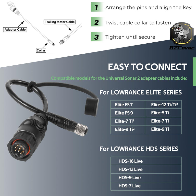 1852076 MKR-US2-16 Universal Sonar 2 Adapter Cable for Lowrance Elite Ti2 & HDS to Trolling Motor, 9-pin, Black