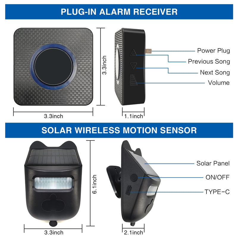 Solar Infrared Doorbell,Solar Driveway Alarm, with Solar Wireless Motion Sensor and Plug-in Alarm Receiver Doorbell (1 Solar Wireless Motion Sensor & 2 Plug-in Alarm Receiver Doorbell) 1 Solar Wireless Motion Sensor & 2 Plug-in Alarm Receiver Doorbell