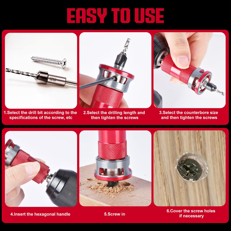 5 Pcs Countersink Drill Bit Set with Aluminum Alloy Depth Stop,Semi-Automatic HSS M2 Countersink Drill Bits 1/8 9/64" 5/32" Drill+3/8” 82° Counter-Bore,11/64" 3/16" Drill+ 1/2" 82° Counter Bore