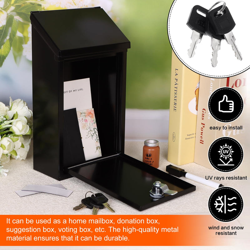 Metal Donation Box Charity Steel Collection Box Office Suggestion Secure Mailbox with Top Slot and Lock with Keys Wall Mount Waterproof Mailbox for Home Office (Black, 10.2 x 5.7 x 2.9 Inch) Black