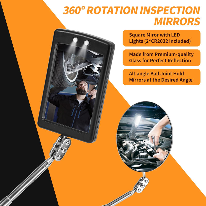 Lighted Inspection Mirror & Magnetic Pickup Tool Set of 5 - Telescoping Handle,360 Swivel for Extra Viewing,Pickup Tool Meet the Needs of Various Occasions,Useful for Mechanic,Automotive,Gifts for men