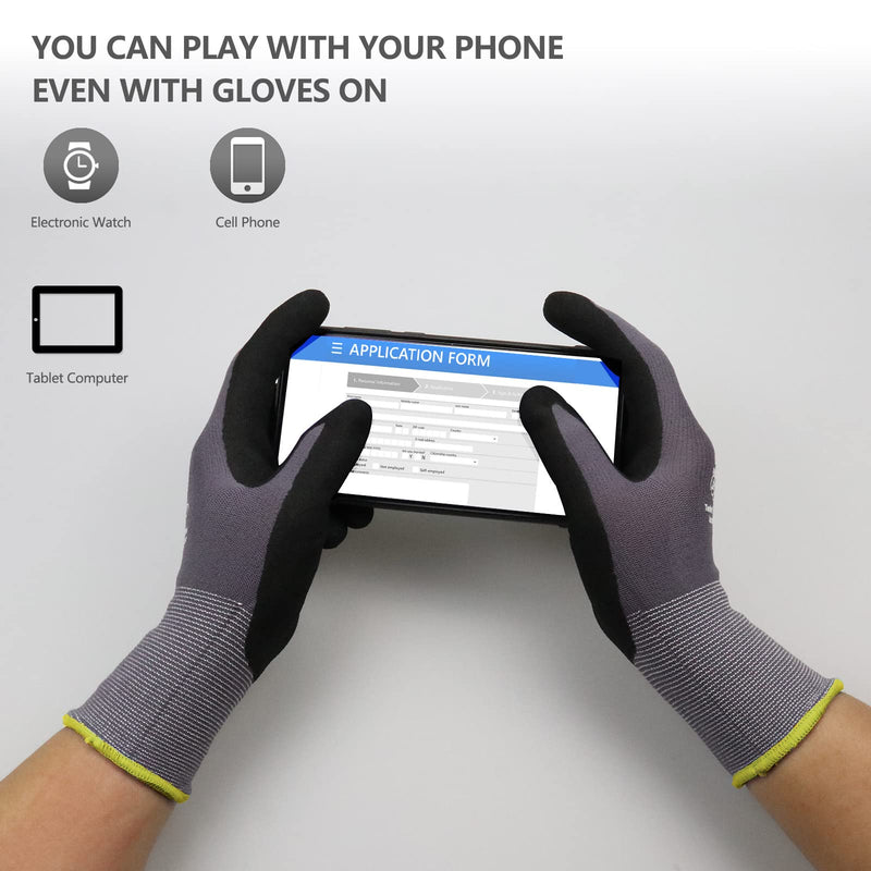 Work Gloves MicroFoam Nitrile Coated-6 Pairs,Seamless Knit Nylon Gloves,Gray Work gloves 8/M Grey 6-pairs