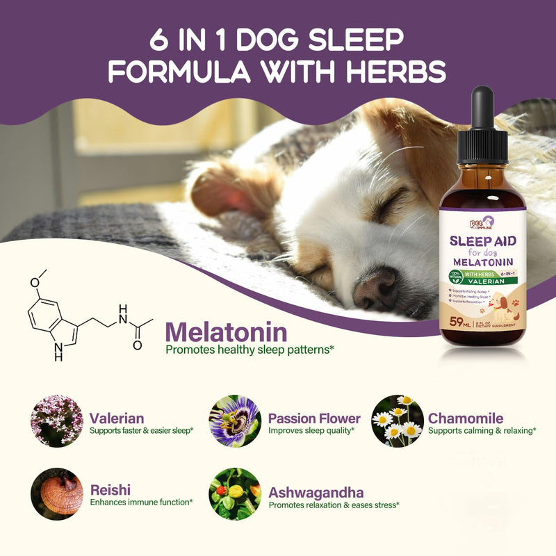 Dogs Sleep Aid Liquid Drops, Melatonin for Small & Large Dogs, Natural Herbal Supplement Support Falling & Healthy Asleep, and Relaxation w/Valerian, Chamomile and Reishi. 2 oz