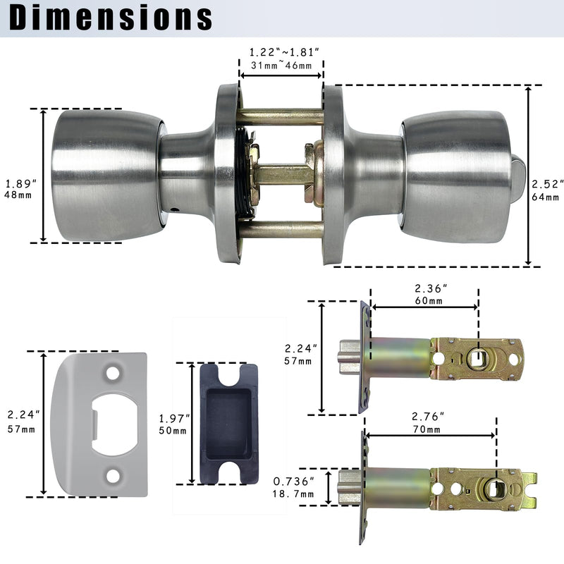 Satin Nickel Door Knob with Lock and Key Round Ball Lock Interior/Exterior Door Knob for Bedroom Or Bathroom (1 Pack) 1 Piece Keyed Entry Stainless Satin ET1