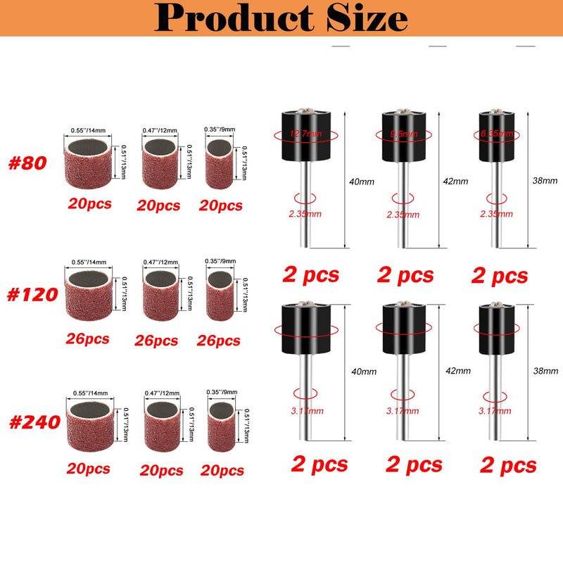 210 Pieces Sanding Drum Set,Including 198 Pieces Aluminum Oxide 80 120 240Grit Drum Sander Sanding Sleeves and 12 Pieces Drum Mandrels for Dremel Rotary Tool,Sanding Drums with Box