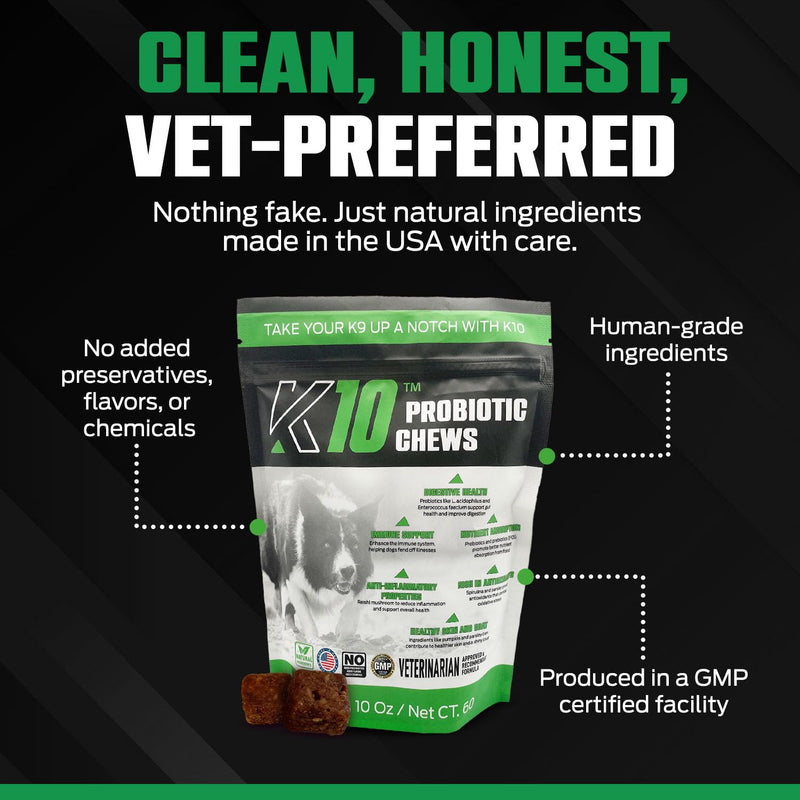 K10 Probiotic Chews for Dogs (60ct) – Advanced Digestive Support with Probiotics, Prebiotics & Superfoods – Vet-Preferred Dog Supplement for Digestion, Immunity, Skin, Coat & Everyday Vitality Probiotic 60 Count