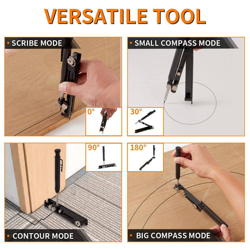 Multi-Function Scribing Tool, Construction Aluminum Alloy Scribe Tool with Deep Hole Pencil for DIY Woodworking, Compass Contour Gauge, Floor Corner Line Maker