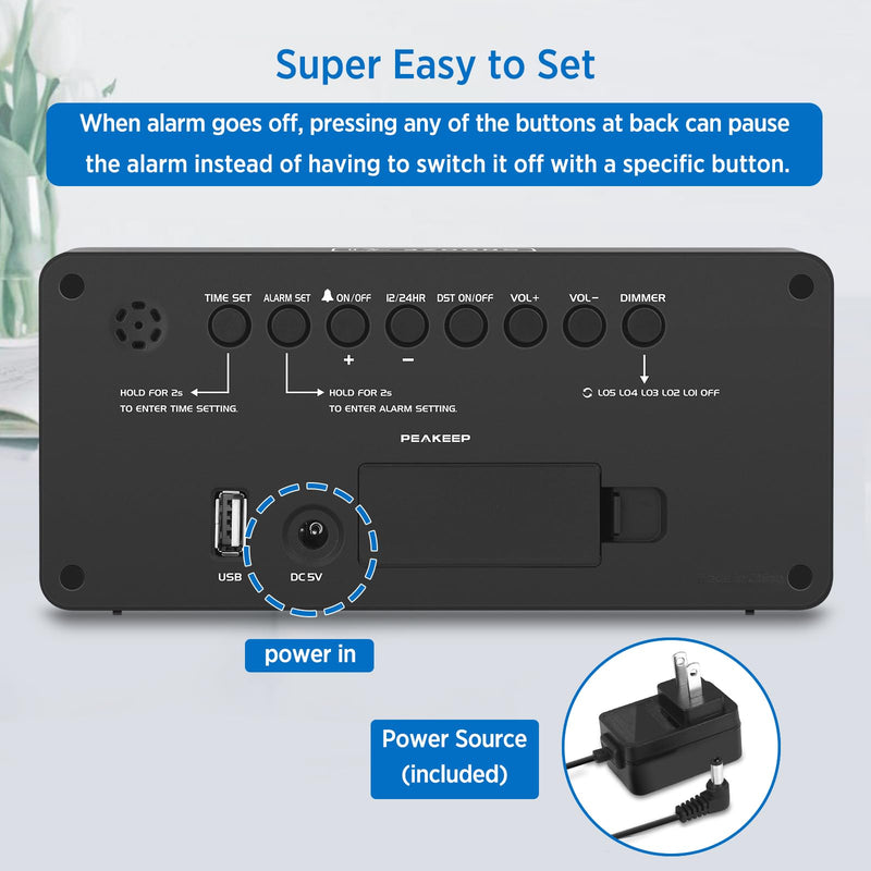 Peakeep Digital Alarm Clock for Bedroom Bedside, Loud Alarm Clock for Heavy Sleepers, Large Big LED Numbers for Seniors, Battery Backup Plug in Electric Clock with USB Charger (Blue) Blue