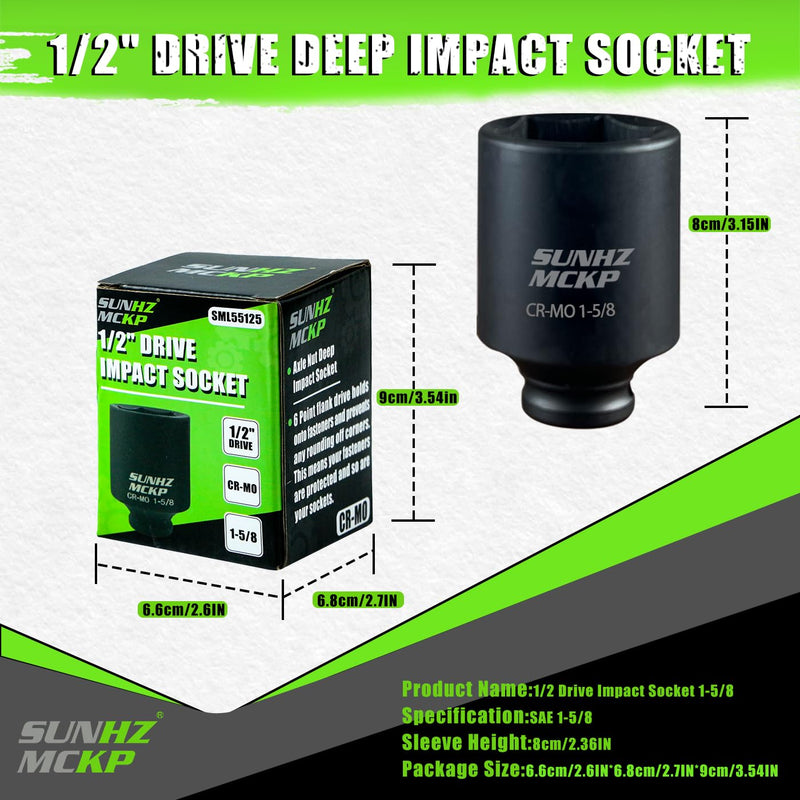 SUNHZMCKP 1/2 Inch Drive Impact Socket, SAE 1-5/8 In Deep 6 Point Socket, CR-MO, Axle Nut Impact Grade Socket for Easy Removal (1-5/8 Socket) 1-5/8 inch