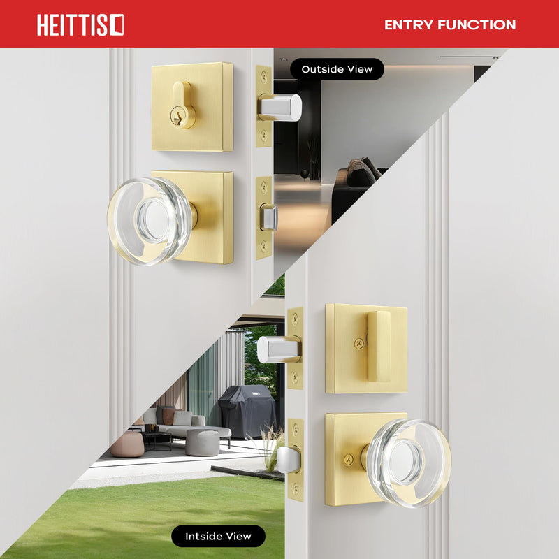 1 Pack Brass Combo Sets,Gold Crystal Door Knobs Interior,Modern Glass Door Knob with Single Cylinder Deadbolt,Satin Brass Finished 1 Pack Gold