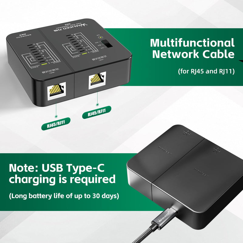 Professional Rechargeable Network Cable Tester - for RJ45/RJ11/RJ12, Tests CAT5/CAT5e/Cat6/Cat6a/CAT7 UTP/STP, PoE & CAT3, Wire Mapping, Fault Finder-Black-CE810 Charging Ethernet Tester-Black