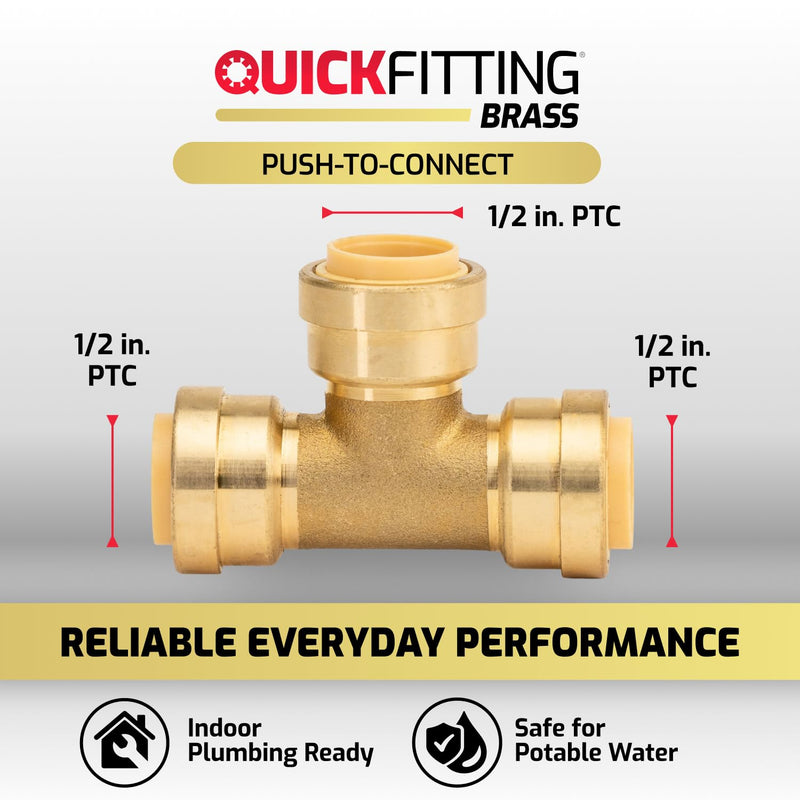 QuickFitting 1/2 Inch Tee Connector, Push to Connect Brass Plumbing Fitting with Slip Clip Disconnect Tool, for Copper, PEX and CPVC, 5 Pack 1/2 inch (5-Pack)