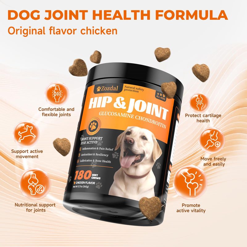 Dog Hip & Joint Supplement, 180 Chicken Chews - Glucosamine Chondroitin MSM Turmeric for Large Breed & Senior Dogs 180 Count