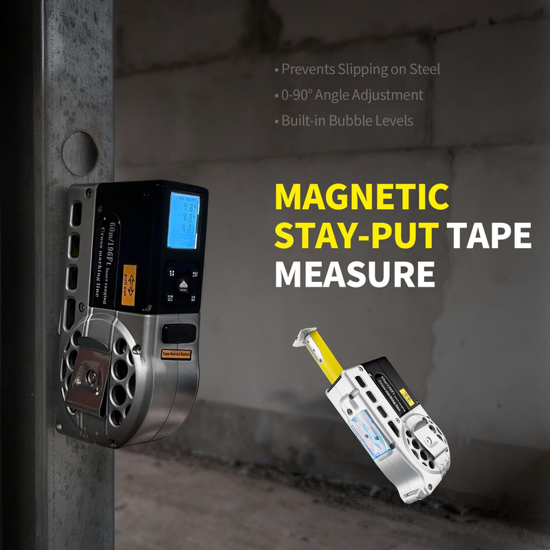 5 in 1 Laser Tape Measure with Level | 196ft/60M Laser Distance Meter Display On Backlit LCD Screen with 16ft/5m AutoLock Measuring Tape | Ft/Inch/Fractions/M/mm (Sliver 5in1 Laser)