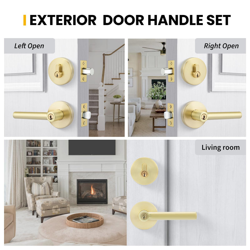 goldenwarm Exterior Deadbolt and Keyed Entry Door Handle Set, Heavy Duty Zinc Alloy Gold Door Lever, Key Entry Front Brushed Gold Door Handle with Lock and Key(1 Pack) 1 Pack Handleset