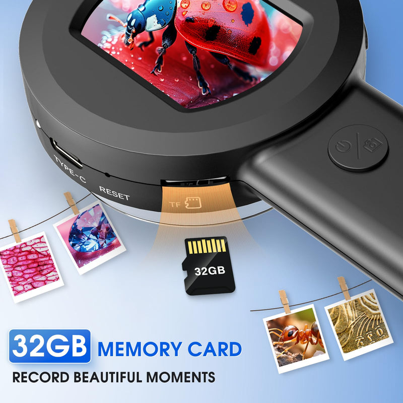 Pocket Digital Microscope for Adults Kids: 100X Handheld Magnifying Glass with Light, USB Coin Magnifier for Collector, Portable Jewelers Loupe with 2" Screen, Mini Scope for Trichome Black