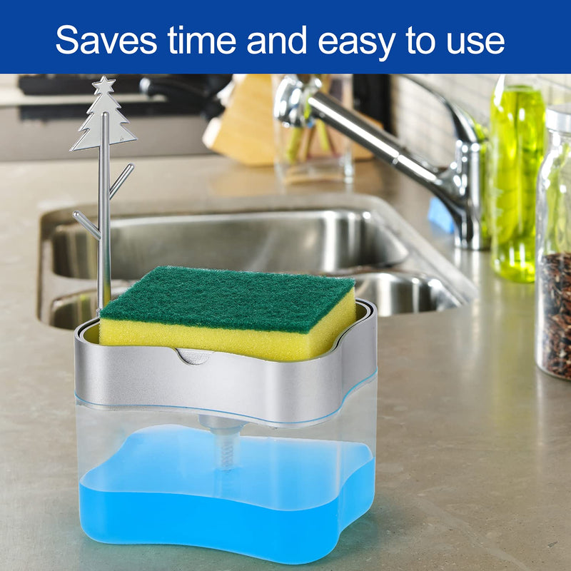 Premium Quality Soap Dispenser with Added Features - Dish Soap Dispenser - Countertop Kitchen Soap Dispenser, Sink Dish Washing Soap Dispenser 13 Ounces (Sponge Included) Silver