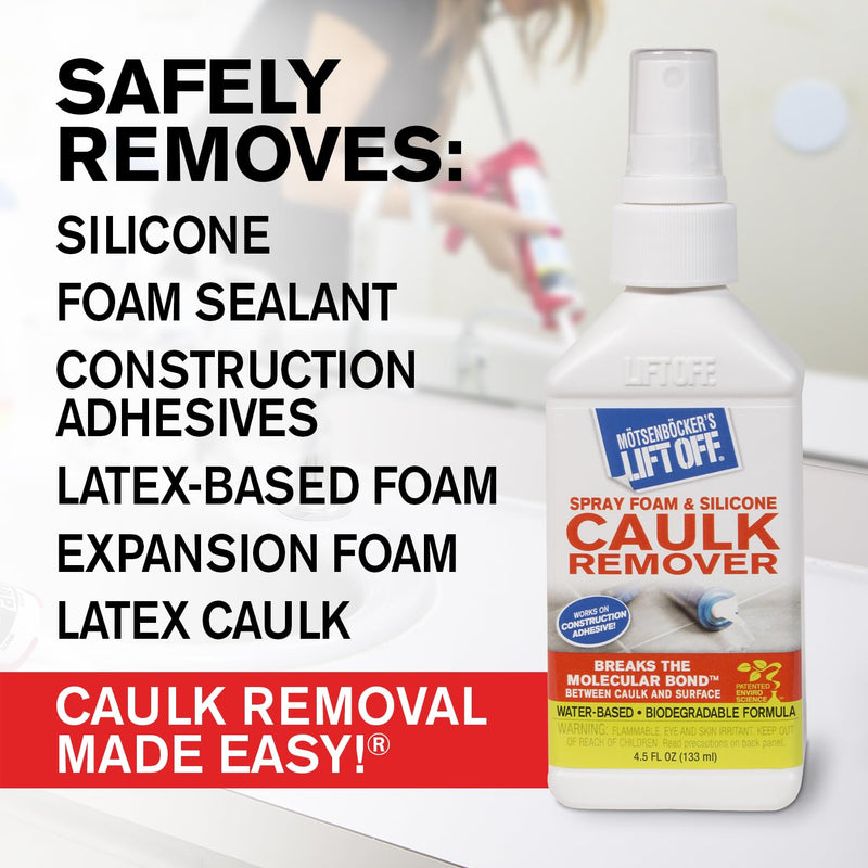 Motsenbocker’s Lift Off 41116 16-Ounce Silicone Latex Caulk and Foam Sealant Remover Spray is Safe on Showers, Construction Adhesives, Stainless Steel, Ceramic Water-Based, White Pack of 1
