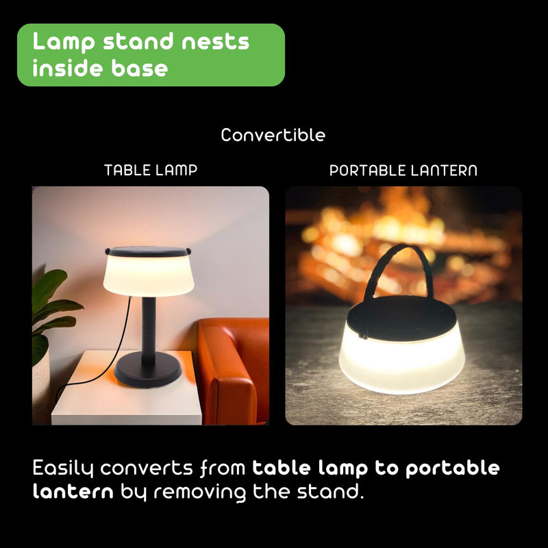 2-in-1 Portable Solar Power LED Table Lamp & Lantern - Indoor/Outdoor - Stepless Dimming - Rechargeable Battery - 330 lumens, 2700K - IP44 Weather Resistant - Black - 1 Pack