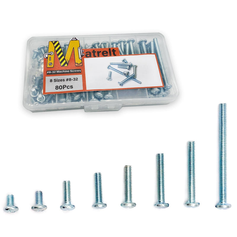 80 Pcs 8 Sizes #8-32 Machine Screws Knob Screws Cabinet Screws Electricians Screws, Carbon Steel Zinc-Plated Phillips Pan Head Machine Screws Assortment Kit #8-32-8Size-80P