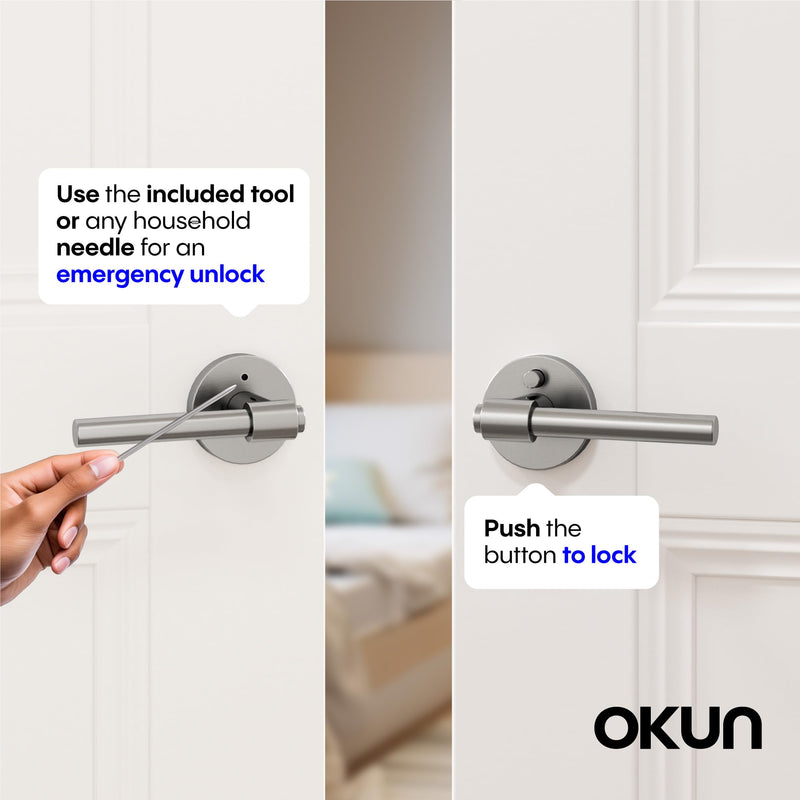 Okun Zen 1-Pack Brushed Nickel Privacy Door Levers – Push Button Lock, Reversible, Sleek Concealed-Mount Design for Bedroom & Bathroom 1 Pack