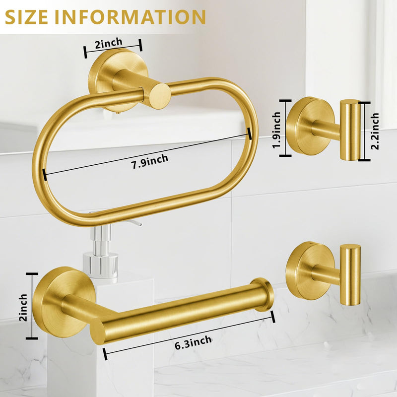 Bathroom Hardware Set Includes Towel Ring, Toilet Paper Holder and 2 Towel Hooks, SUS304 Stainless Steel Modern Wall-Mounted Bathroom Set, Rustproof Bathroom Fitting Set (Brushed Gold) Brushed Gold