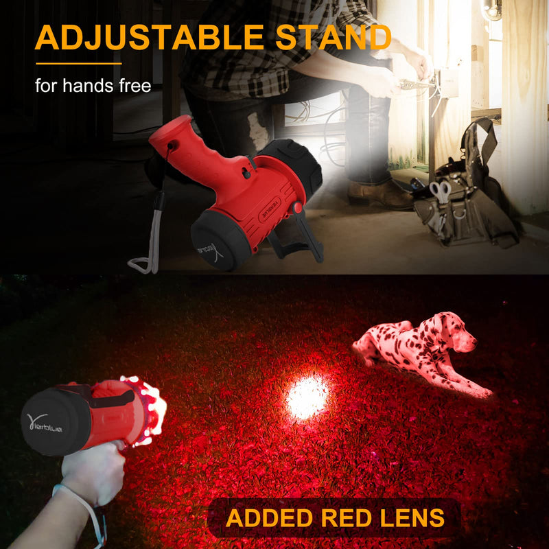 YIERBLUE Rechargeable Spotlight Flashlight with 100,000 High Lumen LED, IP67 Waterproof Long Running Spot Light searchlight, Impact Resistant Handheld Spotlight with Foldable Stand and Red Lens Red-Pro