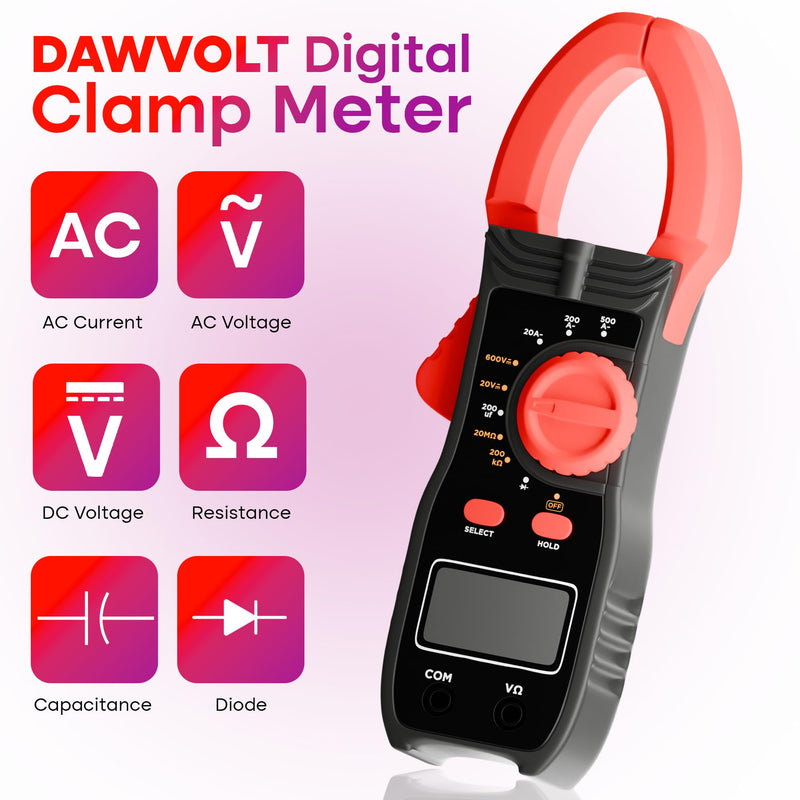 Digital Clamp Multimeter 78A – Auto-Ranging AC/DC Clamp Meter 4000 Counts, 600V 500A, Voltage & Current Tester, Resistance, Capacitance, Diode, LCD Display, Portable Electrician Tool