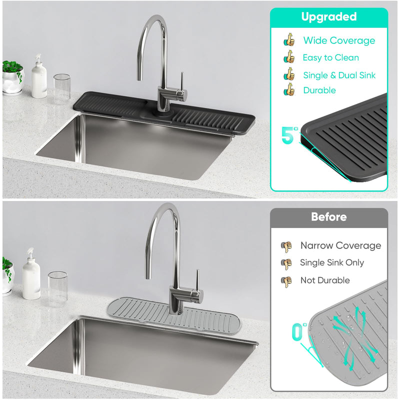 24 Inch Longer Faucet Mat for Kitchen Sink [5°Slope Fast Self-draining]Bathroom Kitchen Sink Splash Guard Silicone Sink Faucet Mat Splash Guard Kitchen Sink Area Tidy Splash Faucet Guard Draining Mat Black 24" x 5.5"