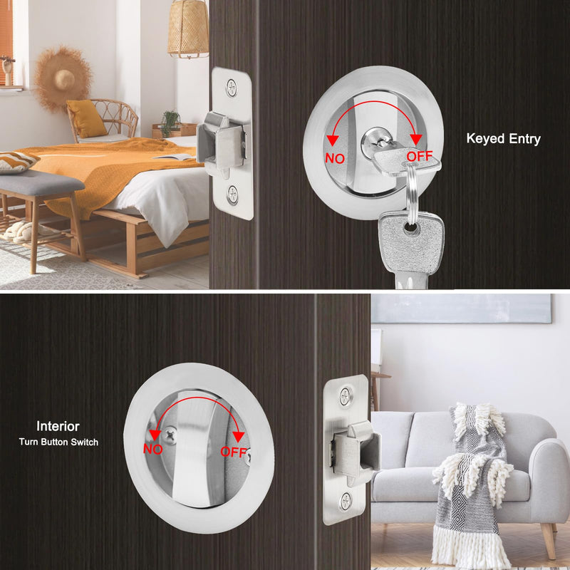 Dontay Pocket Door Lock with Key, Contemporary Entrance Sliding Barn Door Lock Latch, Recessed 2 Sided, 2 3/8" Backset, Flush Handles Hardware (Including Edge Pull, Brushed Nickel, Round - 1 Pack) Including Edge Pull