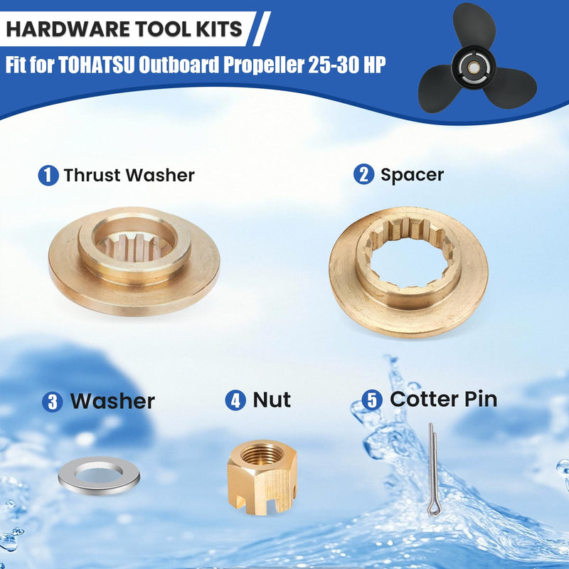 Outboard Upgrade Propeller Installation Hardware Tools Kit Fits Tohatsu 25-30HP, Includes Thrust Washer, Washer, Nut and Cotter Pin