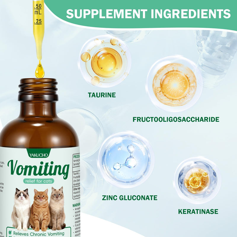 Vomiting Relief for Cats, Cat Vomit Remedy, Digestive Support Drops with Probiotics to Help Reduce Vomiting, Hairballs & Sensitive Stomach, Supports Gut Health, Easy to Mix with Food - 2 FL OZ