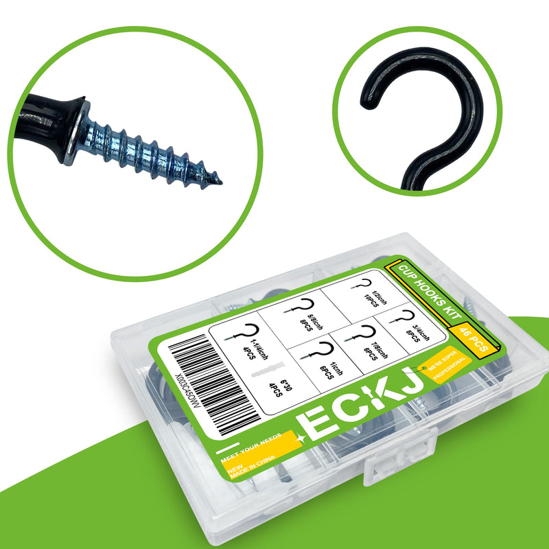 Small Black Screw-in Hooks Assorted Kit with Plugs, 1/2", 5/8", 3/4", 7/8", 1", 1-1/4" Vinyl Coated Cup Hooks for Hanging Home Decorations, Christmas Lights, Wind Chimes, Crafts - 46 Pcs 4 46pcs Vinyl Coated Cup Hooks Assorted Kit Vinyl Coated Black