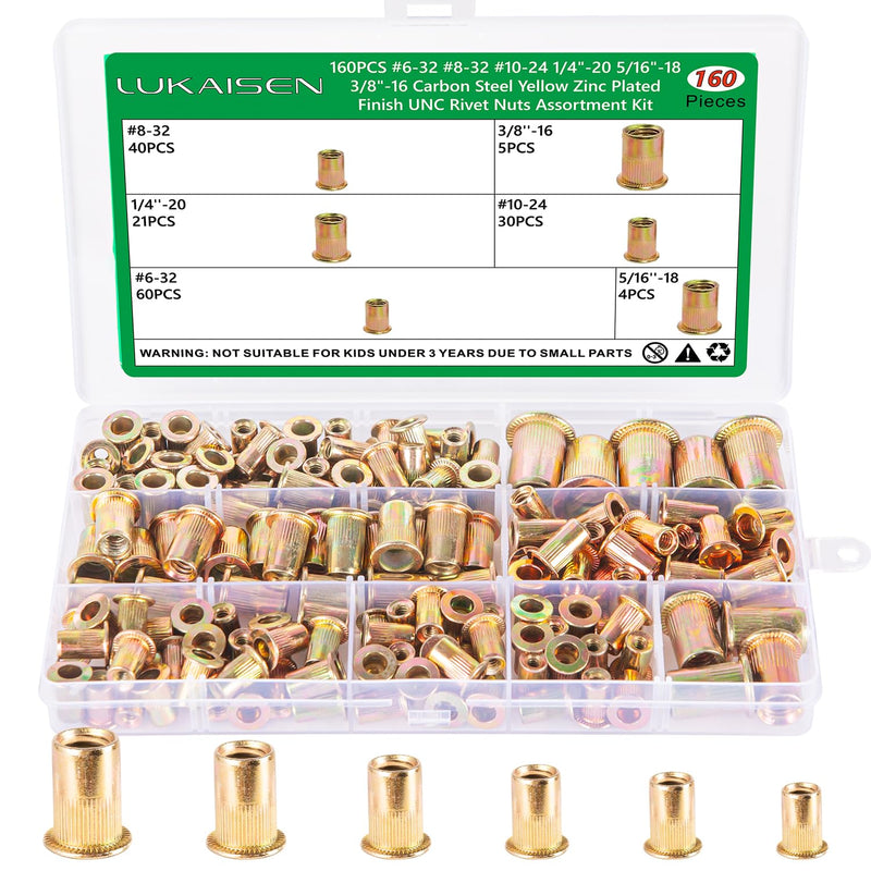 160PCS Rivnuts Nutserts Kit, SAE Rivet Nuts Assortment Kit - 1/4-20, 3/8-16, 5/16-18, 10-24, 8-32, 6-32 - Zinc Plated Carbon Steel for Metal, Plastic, Fiberglass 160PCS SAE Silver