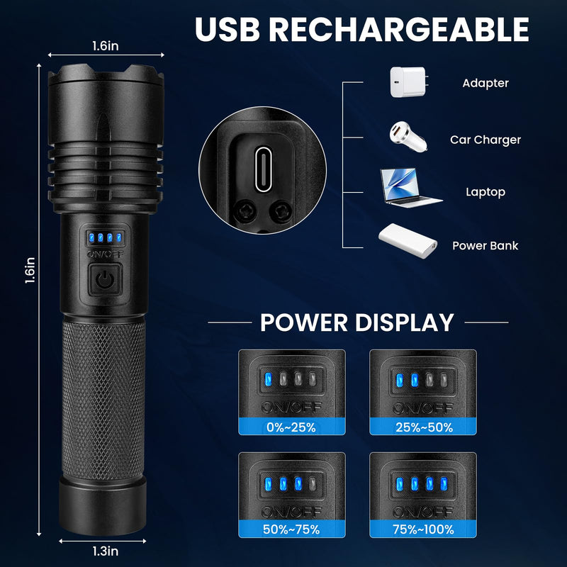 Rechargeable Led Flashlights High Lumens 3Pack, 99000 Lumen Super Bright Flash Light with 3 Modes & Adjustable 2 Beam, Brightest Waterproof Flashlight 15H Long Runtime for Hiking Camping Medium