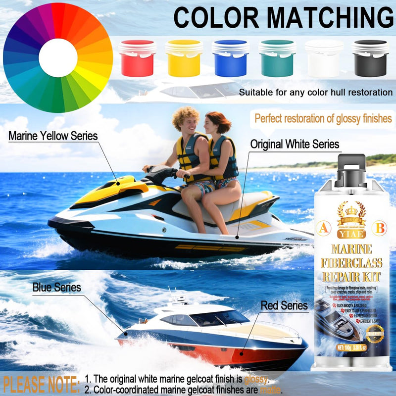 Marine Fiberglass Repair Kit for Boats Pro Gel Coat & Epoxy Resin to Fix Holes, Chips, Deep Cracks on Kayaks, Sailboats | DIY Fiberglass Boat Repair with Color Match and Fast Cure 200g