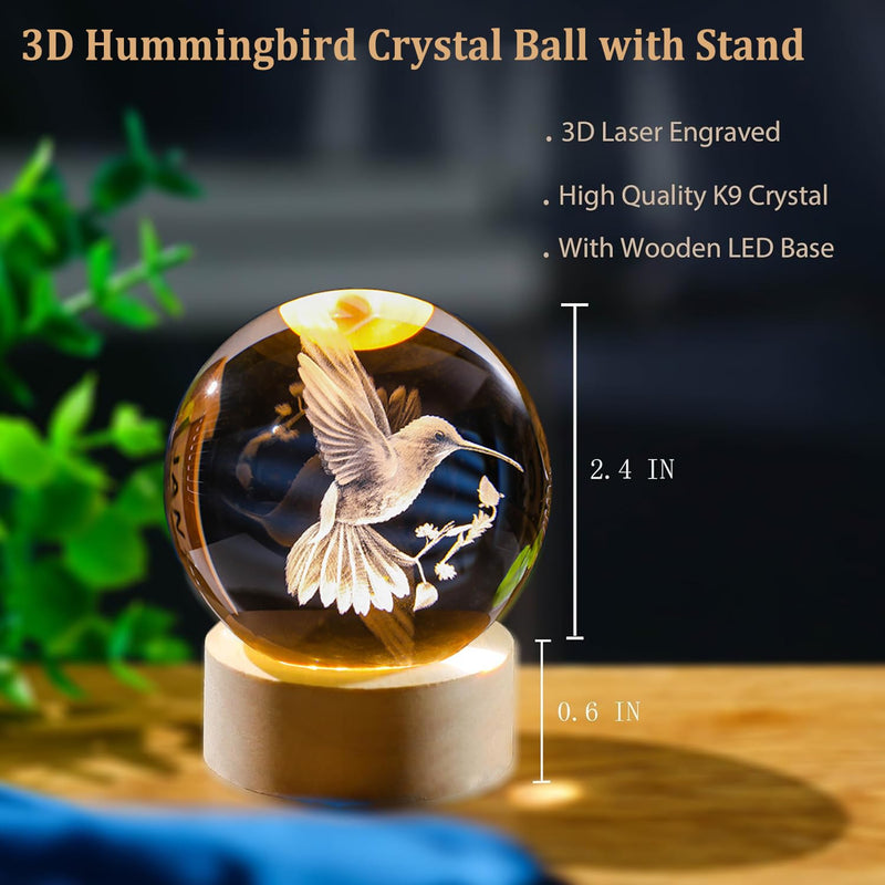 3D Laser Engraved Bird Crystal Ball with LED Stand, 60mm Hummingbird Figurine Lamp Night Light, Glass Hummingbird Globe Paperweight Gift Clear_bird