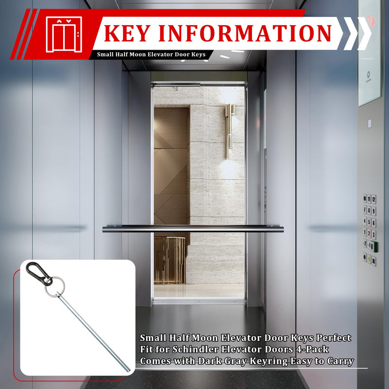 4-Pack Half Moon Elevator Door Keys for Westinghouse/Schindler Elevator Doors | Firefighter Elevator Key Set, Dark Gray Metal Key Ring Included
