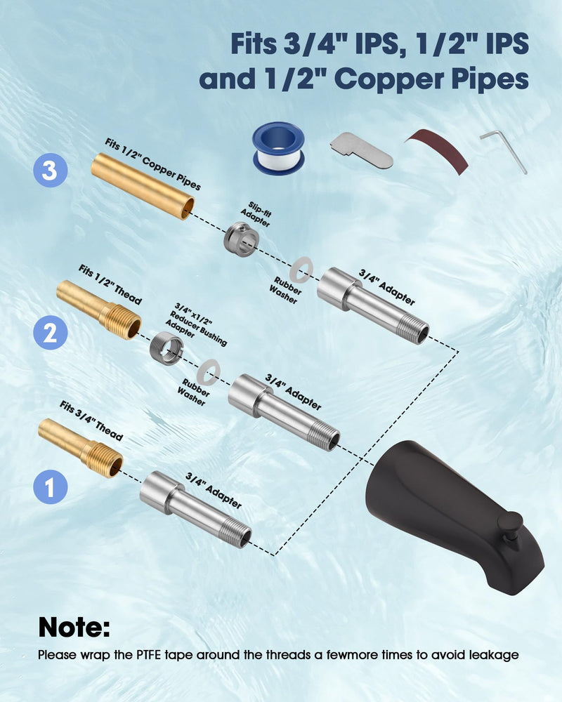 All Metal Bathtub Spout with Diverter, 5.3 Inch Tub Spout, Fits 1/2" Copper Slip-On and 1/2" or 3/4" IPS Threaded Pipes, Easy Lift to Switch, Leak-Free, Easy DIY Installation(Matte Black) Matte Black