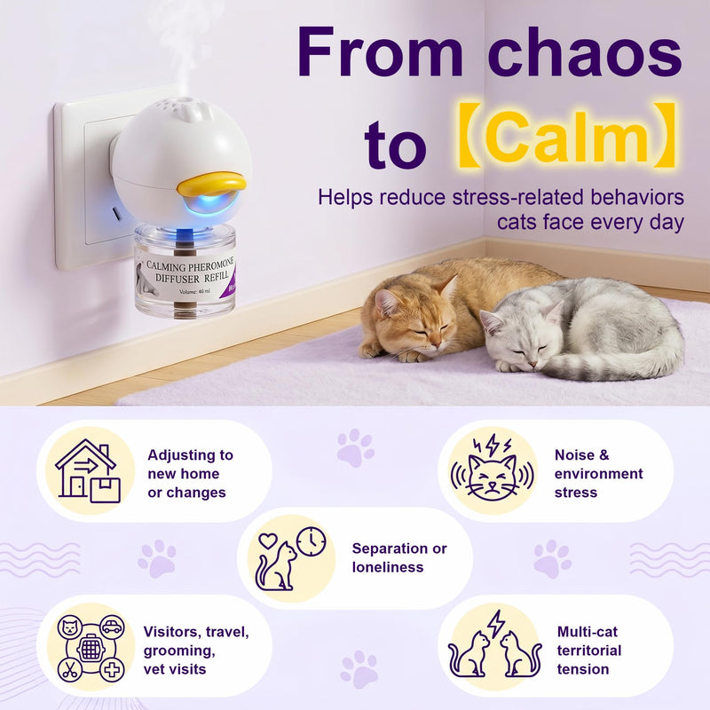 120-Days Cat Calming Pheromone Diffuser Kit - 2 Diffusers & 4 Refills, Long-Lasting Stress & Anxiety Relief, Fighting, Aggression, Meowing & Scratching | 2-Pack Cat Calming Diffuser Kit transparent