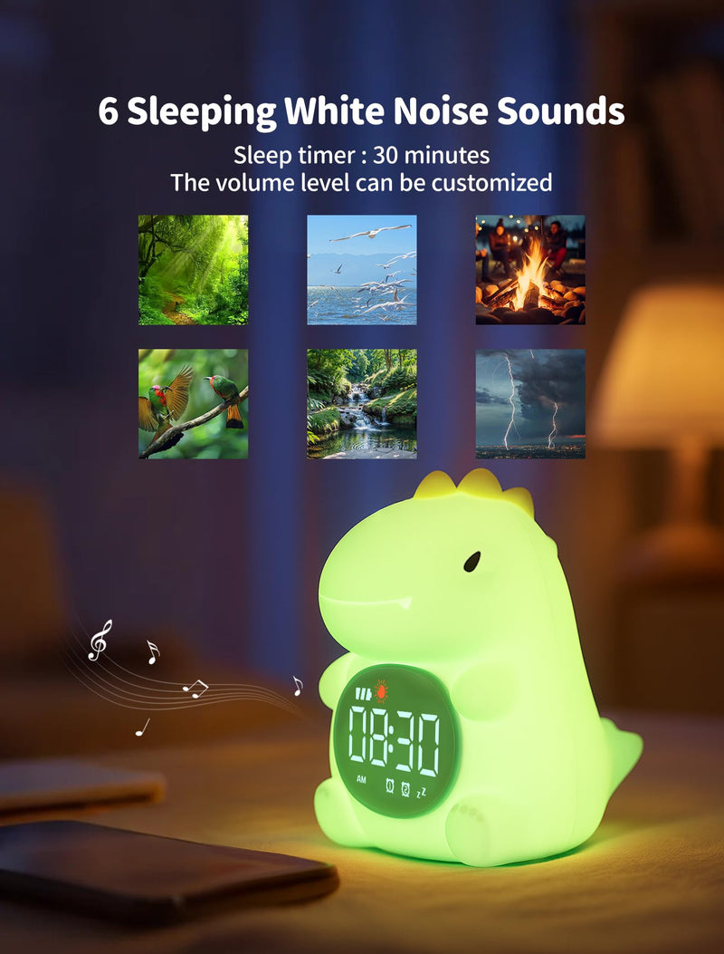 MASHI Dinosaur Alarm Clock with Night Light, Toddler Sleep Training Clock with Sun & Moon, Sleep Sound Machine, ok to Wake Clock for Kids, Digital Alarm Clocks for Bedrooms,Gift Ideas for Kids Child Dinosaurs