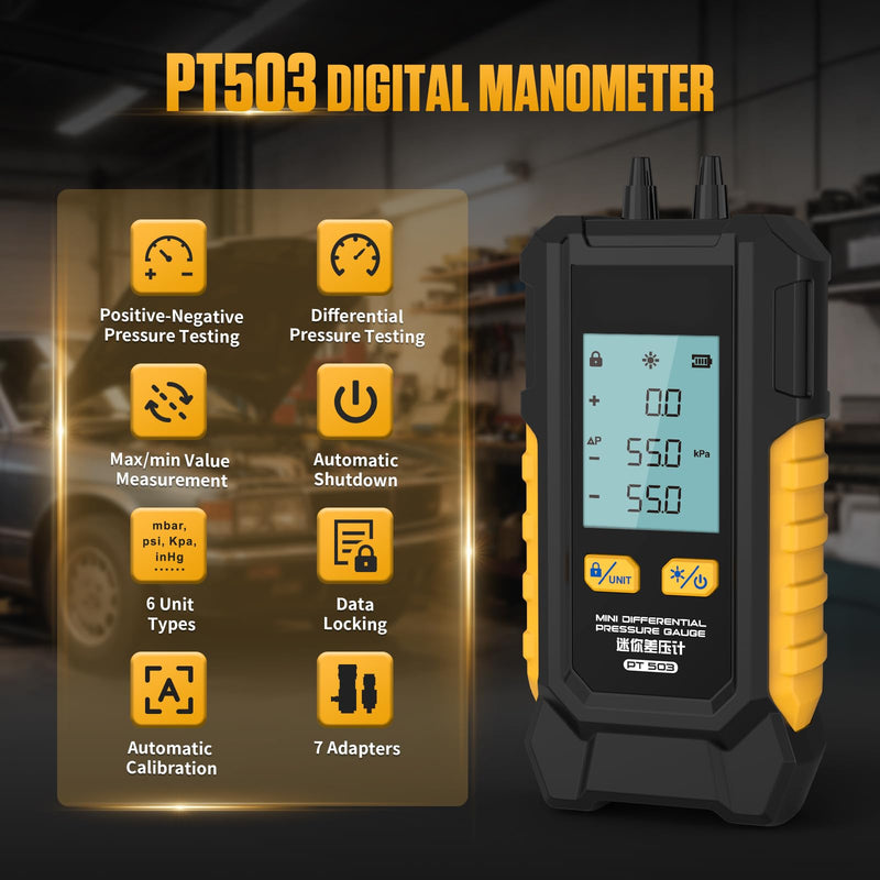PT503 Manometer Gas Pressure Tester,Dual-Port HVAC Digital Manometer with Range of -100 to 200 KPa, 6 Units, Data Retention, 7Adapters PT503