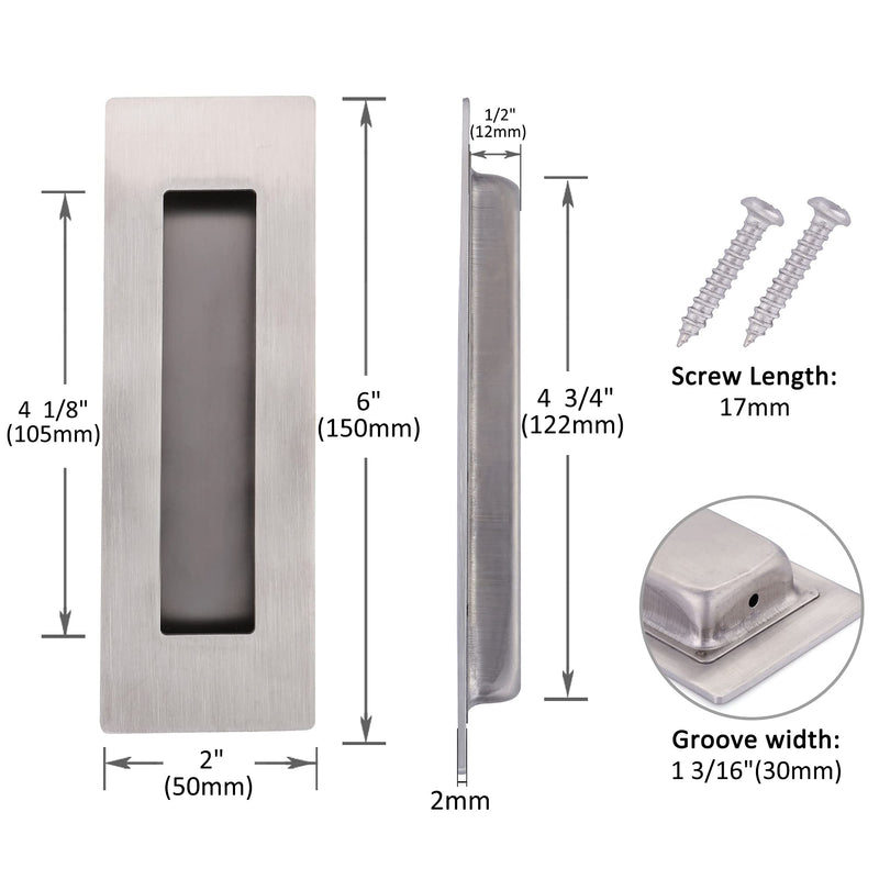 4 Pack Recessed Door Pull Handles with 8 Screws, 6 Inch Rectangular Flat Sliding Door Pulls, Closet Door Finger Pull Handles,Satin Brushed Stainless Steel Pocket Door Handles 6 inch (4 Pack) Silver