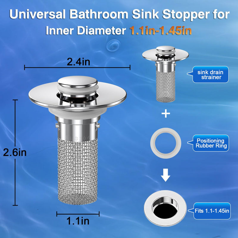 Bathroom Sink Stopper Hair Catcher, Pop-up Sink Drain Strainer with Removable Stainless Steel Strainer Basket Hair Catcher, Bathroom Sink Strainer for Bathroom Sink Stopper Replacement. (2PCS) 2pcs