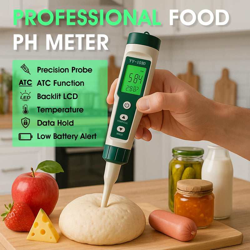 Digital pH Meter for Food, pH Tester Probe for Sourdough Bread Dough, Meat, Cheese, Fruit, Cosmetics, Water, Smart Lab pH Test kit Pen with ATC, Temperature Backlit Display for Solids Liquids Soil