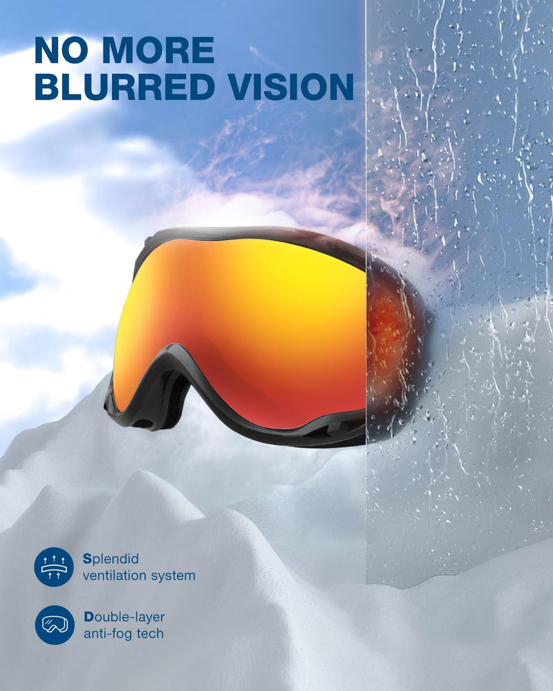 ZIONOR Lagopus B1 Ski Goggles OTG Anti fog Snow Goggles UV Protection Snowboard Goggles for Men Women Adult Youth One Size A8-vlt 15.6% Black Frame Mirrored Red Lens