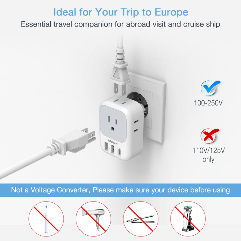 TESSAN 3 Pack European Travel Plug Adapter USB C, US to Europe Plug Adapter with 4 AC Outlets and 3 USB Charger, Type C Power Adaptor for USA to EU Euro Spain France Iceland Italy Germany Greece Gray&White-Type C