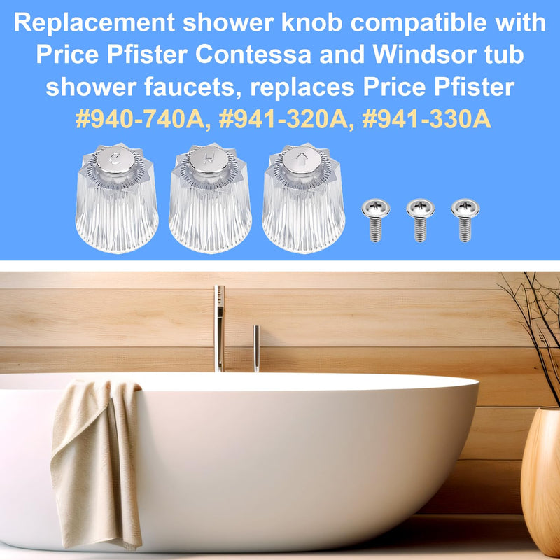 3-Piece Shower Knob Replacements, Universal Clear Acrylic Plastic Hot/Cold/Diverter Shower Knobs Compatible with Price Pfister Contessa & Windsor Bathtub Shower Faucet Handle