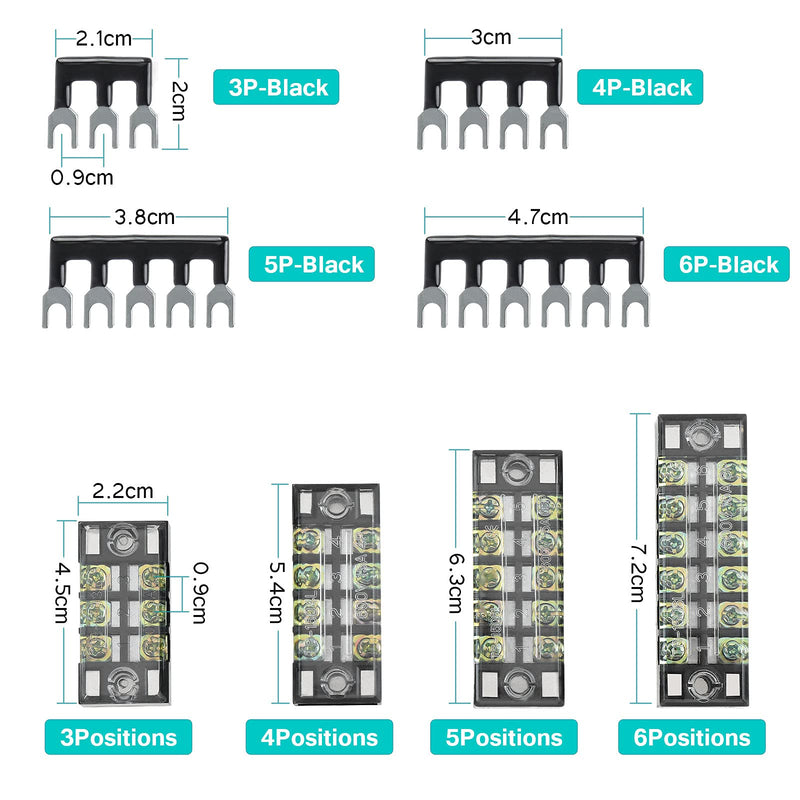 OCR 8 Sets Terminal Blocks, 8 Pcs 3/4/5/6 Positions 600V 15A Dual Row Screw Terminal Strip Blocks with Cover, 16 Pcs 600V 15A 3/4/5/6 Positions Pre-Insulated Terminals Barrier Strip (Black & Red) 15A 3/4/5/6P+Jumpers