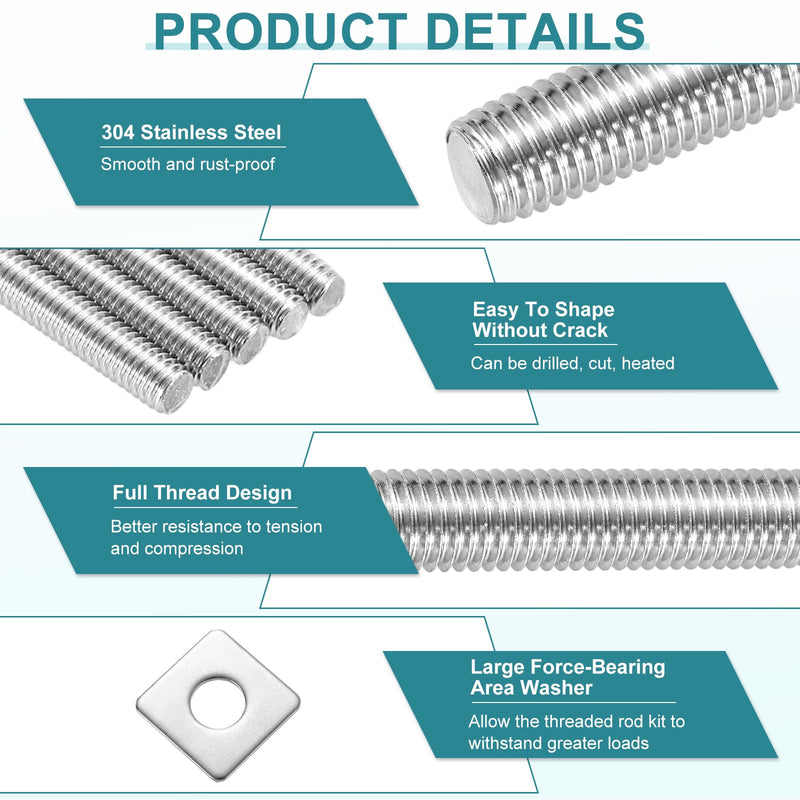 uxcell Fully Threaded Rod, M12 x 500mm 304 Stainless Steel Fully Threaded Studs with Nuts and Washers for Clamps, Hangers and U-Bolts, Silver 1